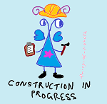 Insectlike fairy in a hard hat holds a hammer and clipboard, with the text construction in progress