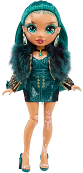 catalogue photo of rainbow high doll jewel richie. Her colourscheme is dark green, she has olive skin with vitiligo, and wears a fur and leather jacket over a crocodile skin miniskirt dress. She has large bejeweled earrings.
