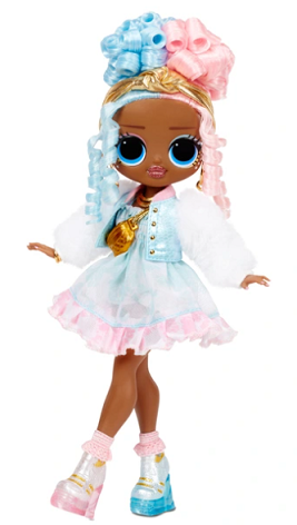 catalogue photo of LOL surprise doll. She has cartoonish large eyes and head and is Black. She wears wears platform boots, a tutu dress, a jacket with fluffy sleeves, a gold bag, and has curly, pink and blue hair in a bun with ringlets framing her face and a gold headband.