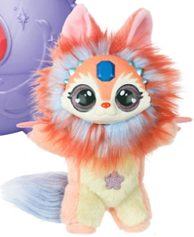 plushie of a fantasy creature. It has cartoony eyes, a friendly expression, and is peach, yellow and blue. It has big ears, a blue gem on its foreheard and a star on its belly.