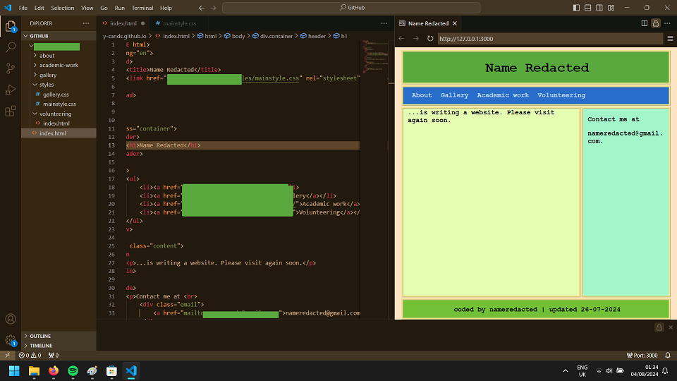 VS Code screenshot showing simple, neat mostly empty webpage layout.