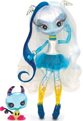 catalogue photo of novi stars doll. she is an alien with transparent yellow and blue legs filled with water and glitter. Her arms are transparent blue and her face pale blue, her hair is white with a dark blue streak. She wears a silver dress with a blue tutu and there is a small creature with horns to her left.