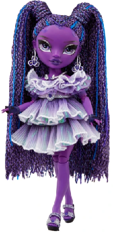 catalogue photo of shadow high doll with dark purple skin and locs, a lilac three tier tutu dress and purple earrings.