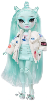 catalogue photo of shadow high doll with pale turquoise skin and hair with three buns, who wears a leather mini skirt and a white astronaut jacket with patches.