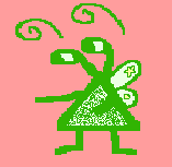 green insect-like stick-figure fairy in a dress gesturing to the left on pink background.