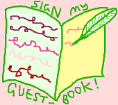 simple digital drawing of a quill writing in a book with text above and below saying 'sign my guestbook!'