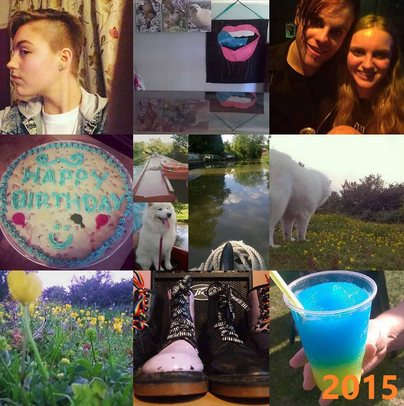 grid with photos from 2015: selfie with short hair, album cover tapestry, selfie with kier kemp, birthday cake, samoyed dog, doc martens, wildflowers, canal boat, slushie.
