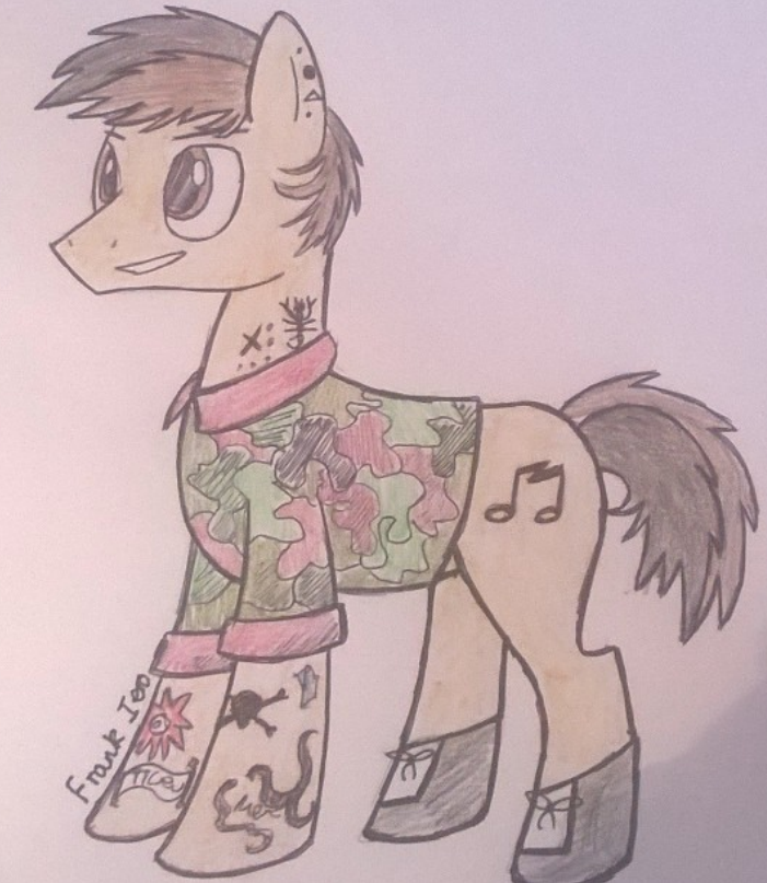 Hand-drawn Frank Iero as a My Little Pony, with a music cutiemark, his tattoos and camo shirt