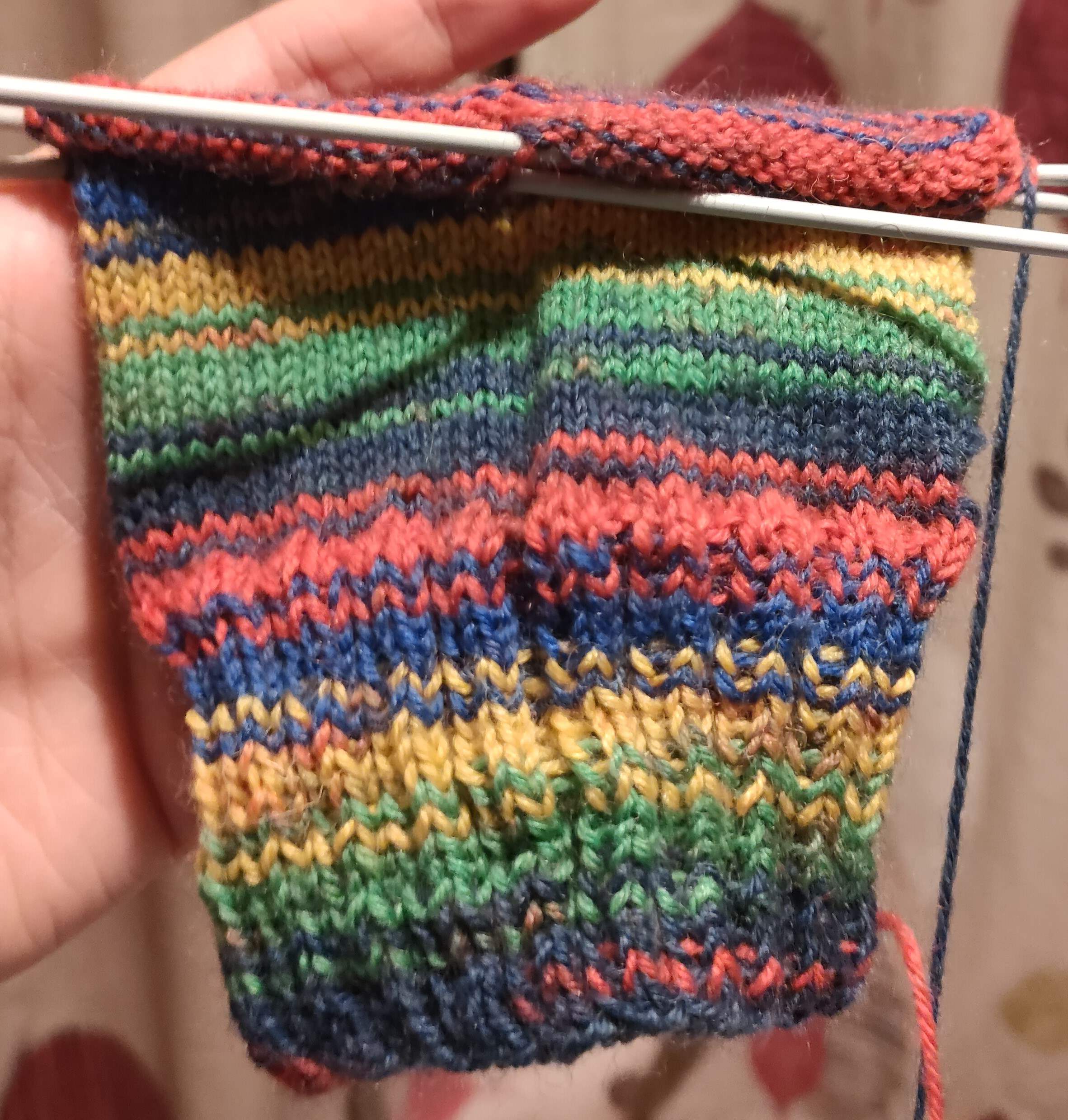 beginning of a sock on knitting needles in red, green, yellow and blue