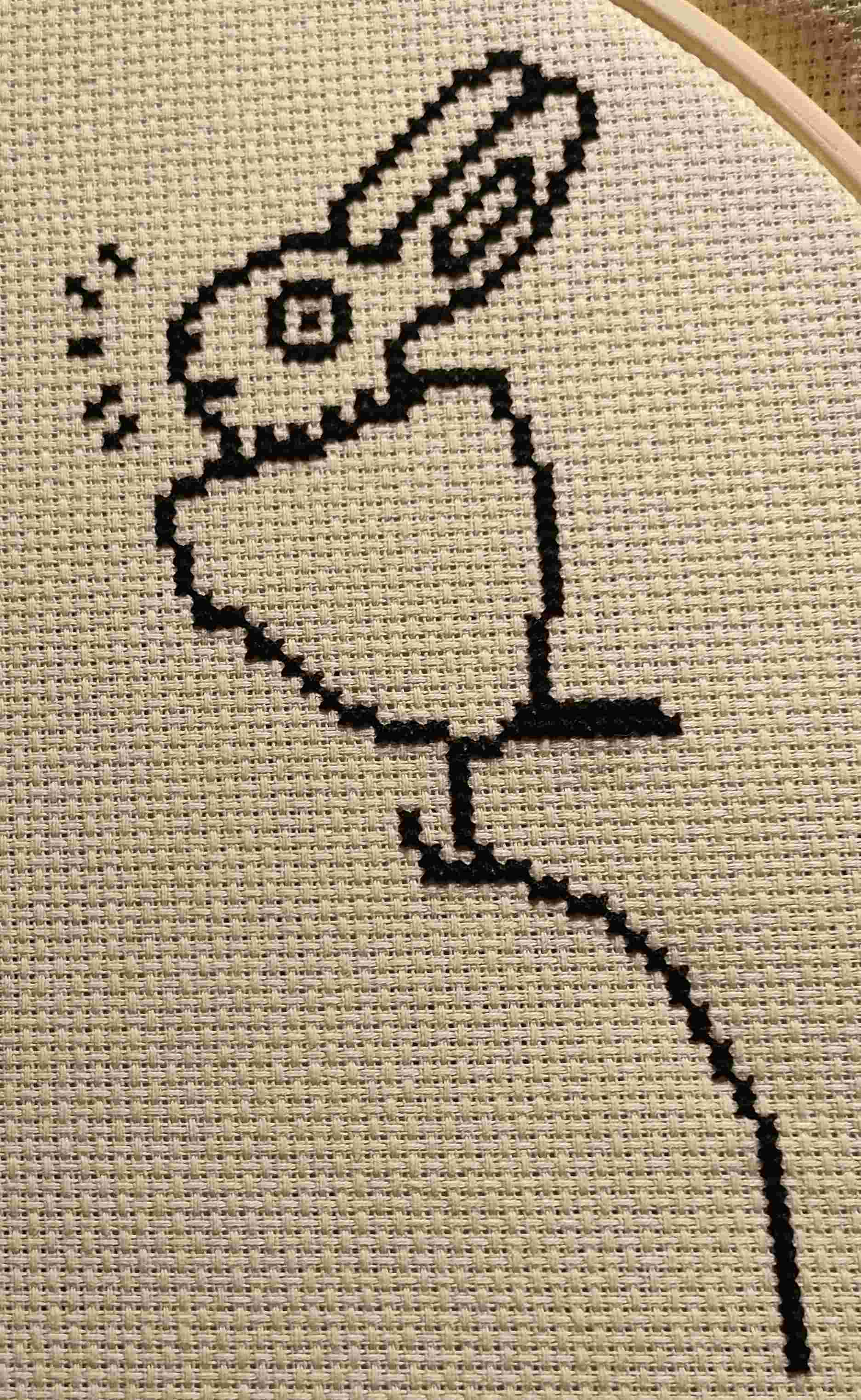 beginning of a cross stitch showing a surprised rabbit