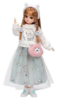licca chan doll wearing chiikawa creature themed headband, long skirt and sweater.