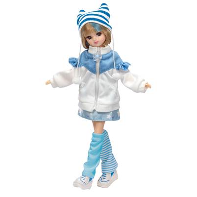licca chan wearing blue and white tracksuit, legwarmers, skirt and cat ears hat outfit.