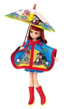 licca chan doll wearing colourful rain poncho and umbrella outfit with cartoon animal print.