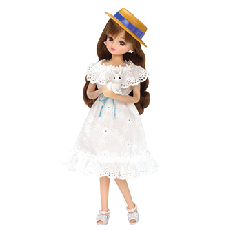licca chan holding a rabbit and wearing a white lace summer dress and boater hat